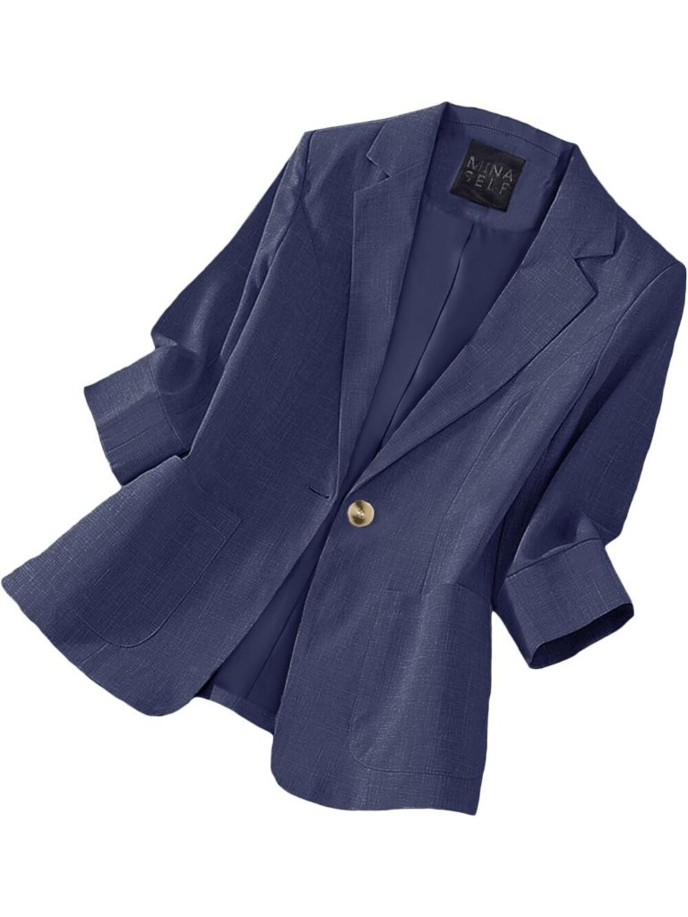 Women's Blue Cowl Neck 3/4 Sleeve Button Pockets Breathable Molded Linen Blazer